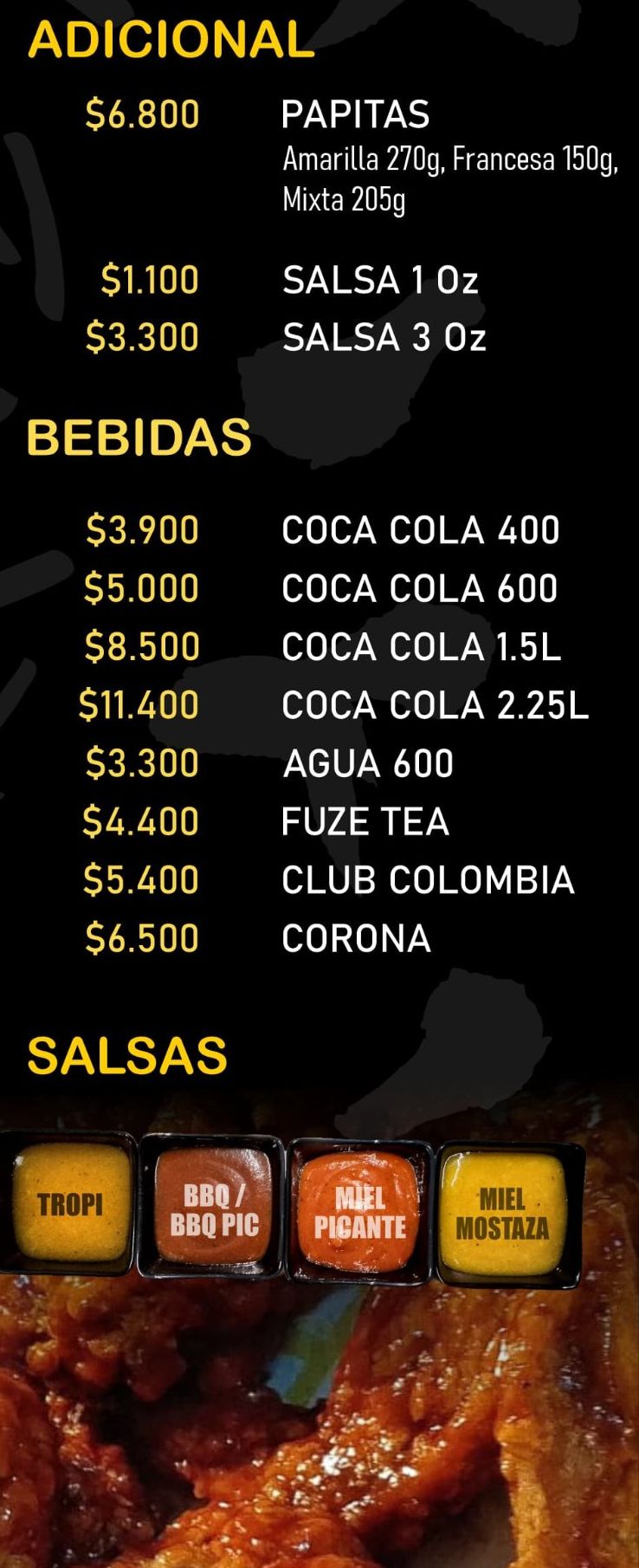 Menú Alítax: adicionales, bebidas y salsas con precios
