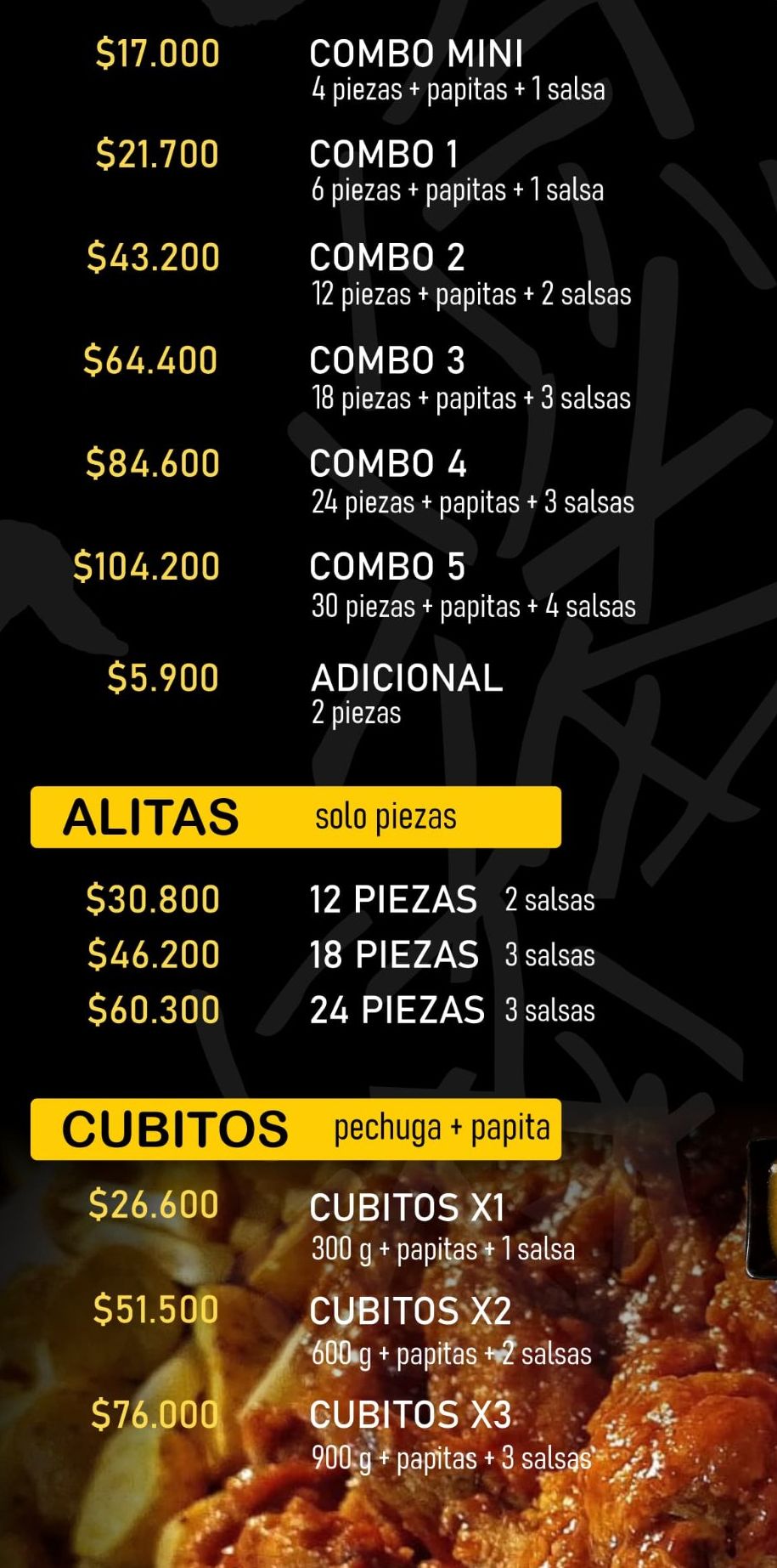 Menú Alítax: combos, alitas y cubitos con precios